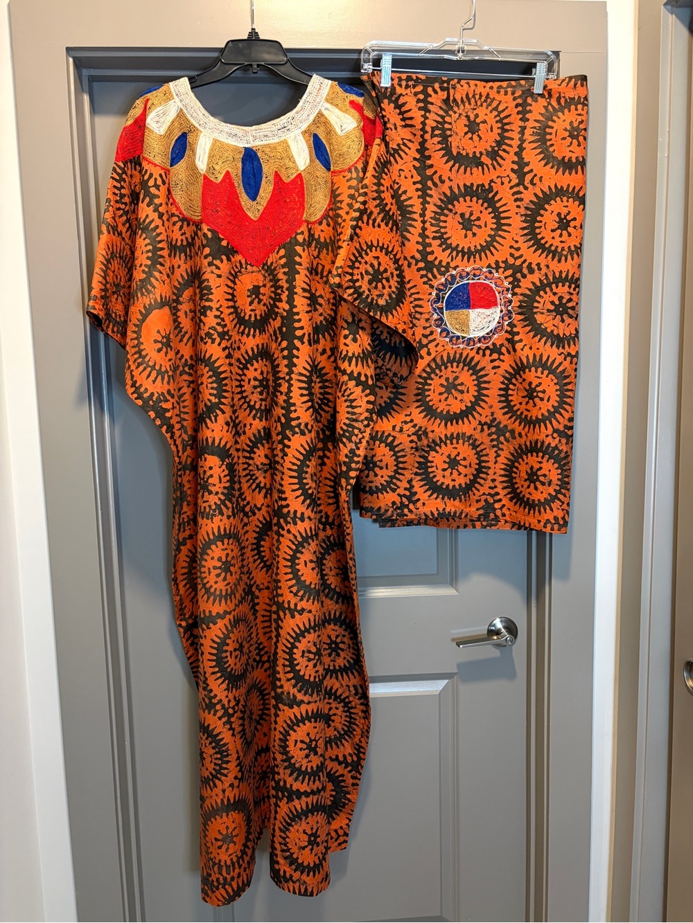 African 2 pc Bubu Kaftan Dress Mudcloth Print Brown Orange Embroidered Neckline